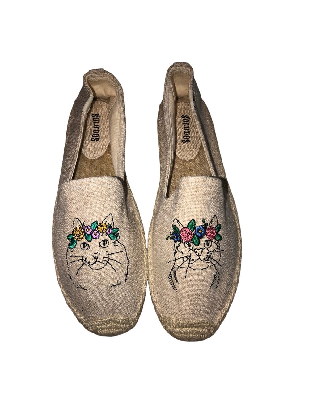 Soludos Spirit Animal Cat Smoking Espadrille Size 8.5 Beige Whimsy Boho Summer